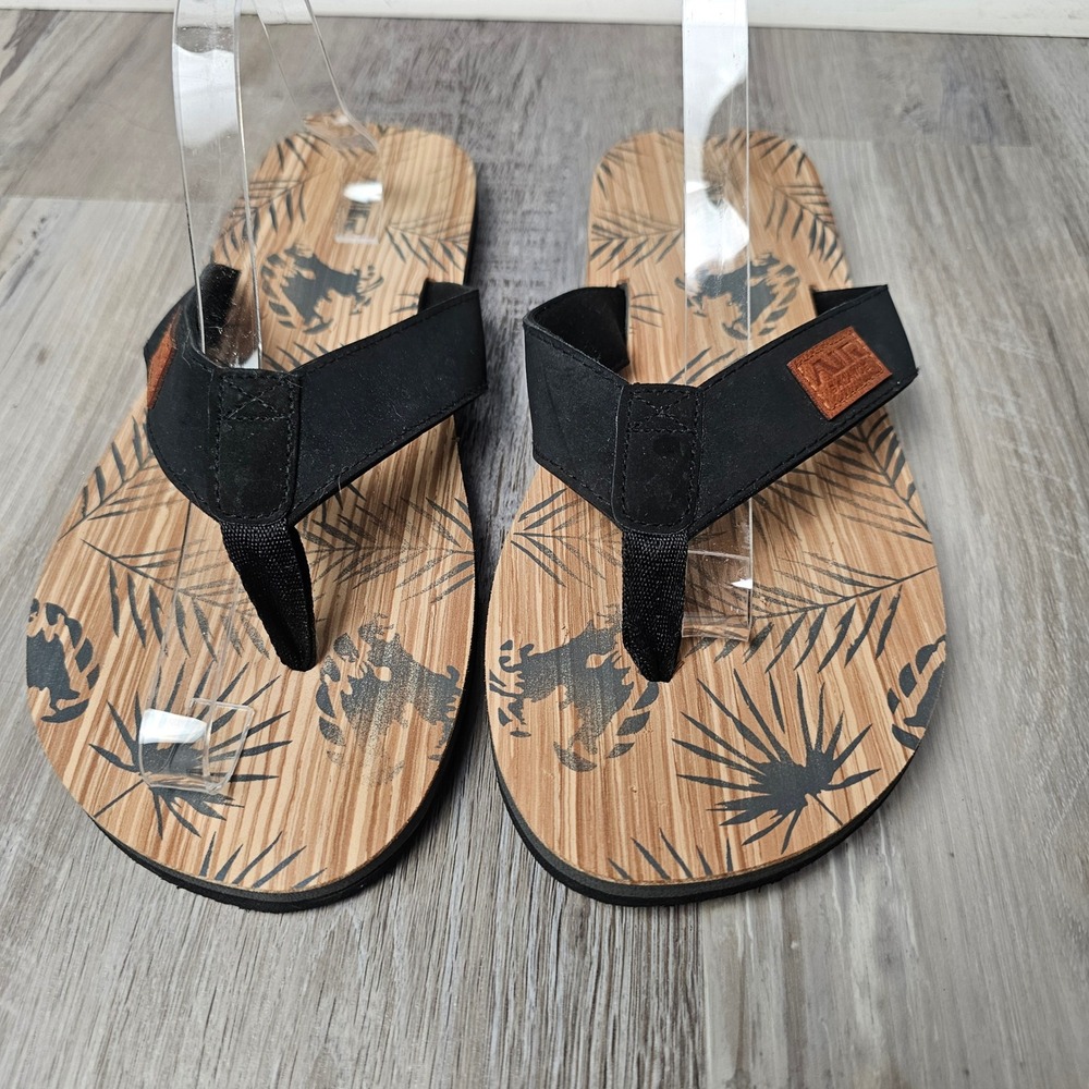 Air‎ Balance Mens 12 Flip Flop Sandals Black Tan Palm Print Beach Casual